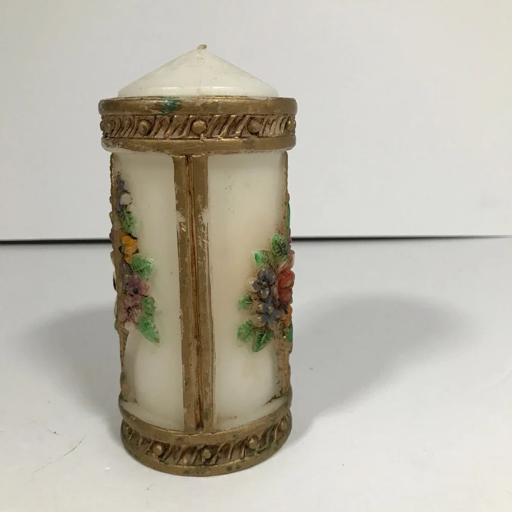 Vintage Floral Basket Relief Pillar Candle Gold Trim Decorative White Wax